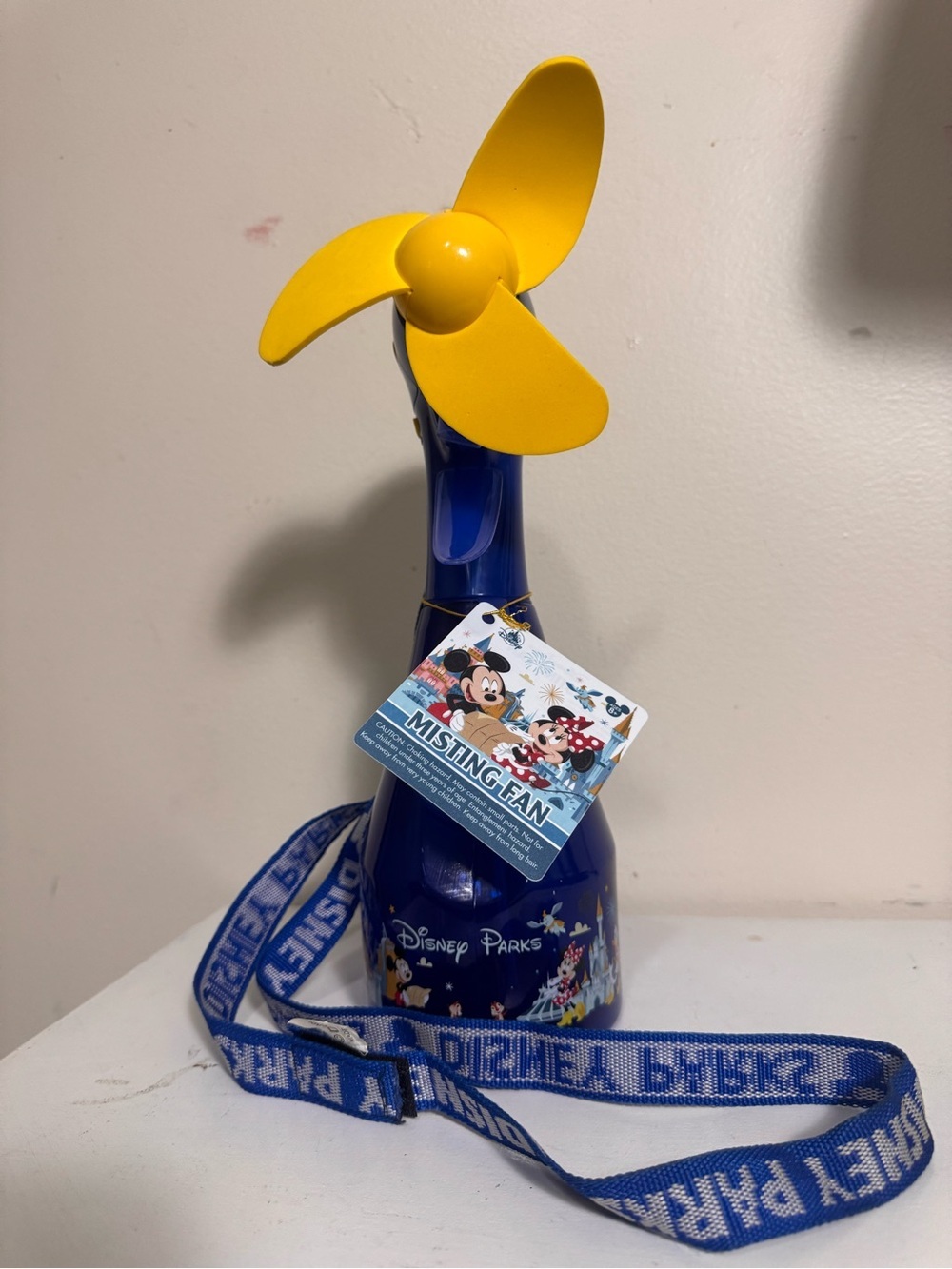 Disney Parks Handheld Misting Fan Battery Powered Blue/Yellow 3-Blade Push